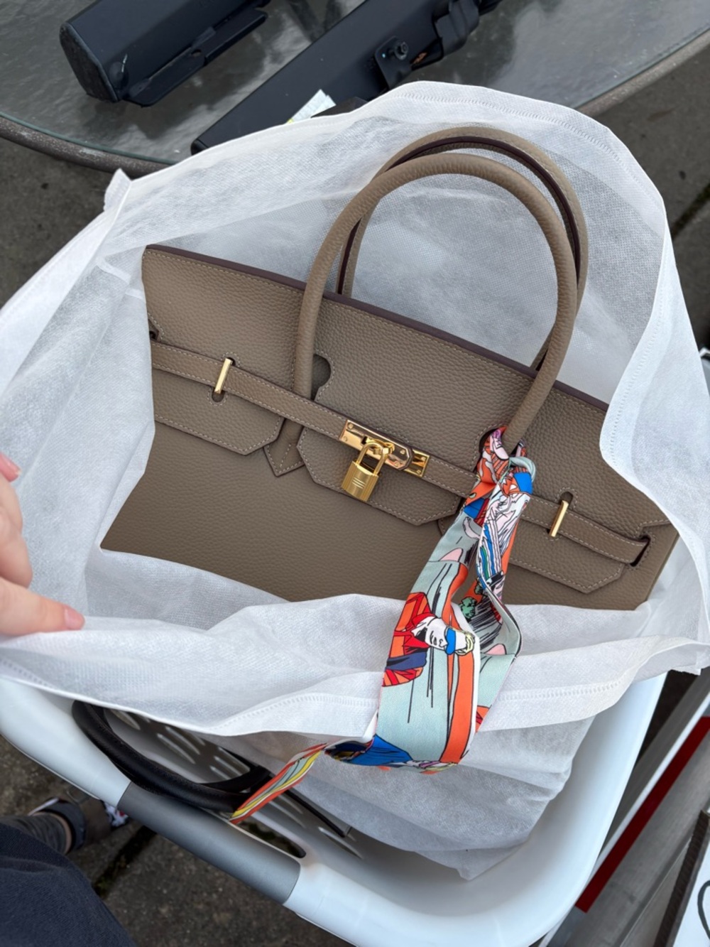 Taupe Leather Top-Handle Bag with Gold Hardware